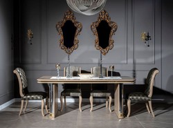 Casa Padrino Set da Pranzo Art Déco di Lusso Beige / Oro - 1 Tavolo da Pranzo e 6 Sedie da Pranzo - Mobili da Sala da Pranzo Art Déco Fatto a Mano
