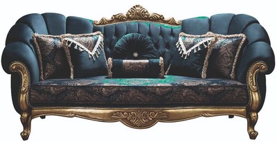 Casa Padrino canapé baroque de luxe bleu / or 220 x 90 x H. 110 cm - Canapé de Salon Orné de Strass et d'Oreillers Décoratifs