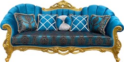 Canapé baroque de luxe Casa Padrino motif turquoise / or 220 x 90 x H. 110 cm - Somptueux canapé de salon avec strass et coussins décoratifs