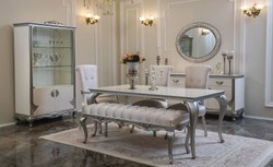 Luxus Barock Massivholz Esstisch Weiß Silber Luxury Baroque Solid Wood Dining Table White Silver