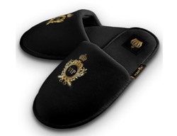 Pompöös by Casa Padrino Zapatillas de Hotel VIP para Mujer de Lujo con Corona Negro / Oro - Diseñadas por Harald Glööckler