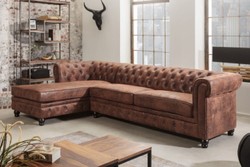 Casa Padrino divano ad angolo Chesterfield sinistra marrone antico - Divano da soggiorno in microfibra - Mobili da Soggiorno Chesterfield
