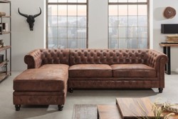 Casa Padrino divano ad angolo Chesterfield sinistra marrone antico - Divano da soggiorno in microfibra - Mobili da Soggiorno Chesterfield