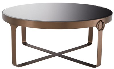 Casa Padrino Luxus Couchtisch Kupferfarben / Schwarz Ø 90 x H. 38,5 cm - Runder Edelstahl Wohnzimmertisch mit Glasplatte - Wohnzimmer Möbel - Luxus Möbel