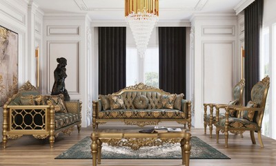 Casa Padrino Luxus Barock Sofa Grün / Gold - Prunkvolles Wohnzimmer Sofa mit elegantem Muster und dekorativen Kissen - Barock Wohnzimmer Möbel