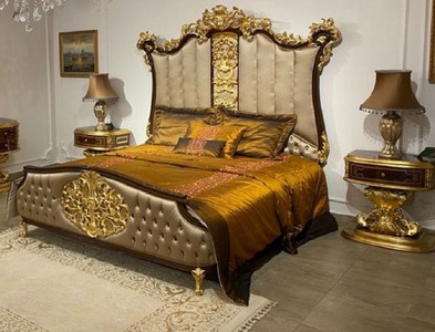 Casa Padrino ensemble de chambre baroque de luxe argent / marron foncé / or - 1 Lit Double avec Tête de Lit et 2 Tables de Chevet - Mobilier de chambre de haute qualité de style baroque
