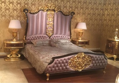 Casa Padrino ensemble de chambre baroque de luxe rose / marron foncé / or - 1 Lit Double avec Tête de Lit et 2 Tables de Chevet - Mobilier de chambre de haute qualité de style baroque