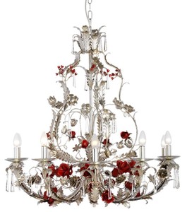 Casa Padrino araña de luces barroco de lujo rosas y flores plata / rojo Ø 90 x A. 90 cm - Magnífica lámpara de araña de metal con noble cristal de Swarovski - Luces Barrocos