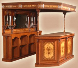 Casa Padrino luxury solid wood bar with roof and counter with marble top brown marquetry 266.7 x 188 x H. 213.7 cm - Handmade bar in traditional english style - Bar Furniture - Catering Furniture