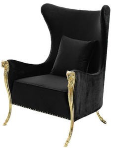 Casa Padrino fauteuil à oreilles de luxe noir/or 78 x 88 x H. 113 cm - Fauteuil de salon moderne avec tissu velours - Mobilier de salon moderne
