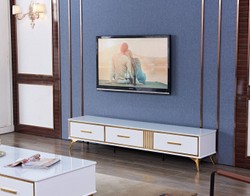 Casa Padrino armario de TV de lujo blanco / oro 200 x 40 x H. 41 cm - Aparador de salón moderno con 3 cajones - Mueble TV de salón moderno