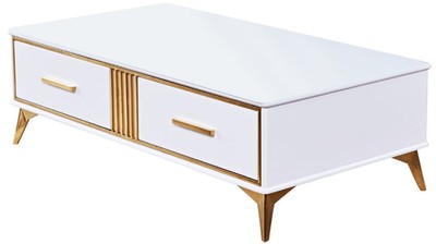 Casa Padrino table basse de luxe blanc / or 130 x 70 x H. 41 cm - Table de salon moderne avec 2 tiroirs - Mobilier de salon moderne