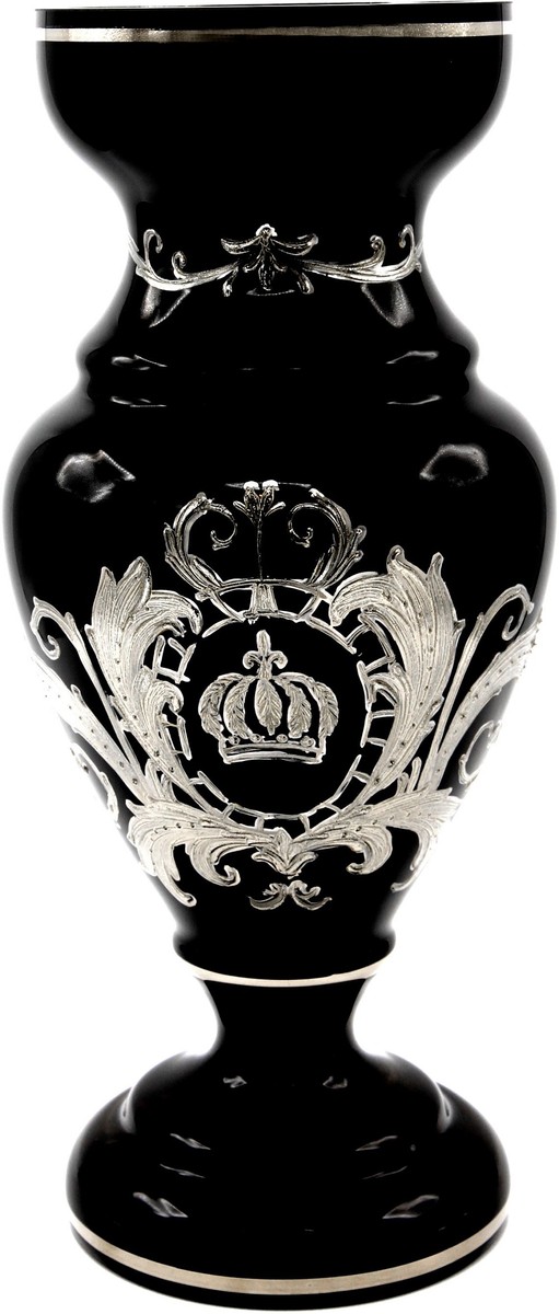 Pompöös by Casa Padrino Luxus Pokal Vase mit edler Platin Beschichtung Schwarz / Silber Ø 14 x H. 30,5 cm - Pompööse Blumenvase designed by Harald Glööckler