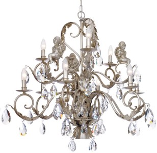 Casa Padrino araña de luces Art Nouveau de lujo plata Ø 90 x A. 78 cm - Lámpara de araña de salón con figuras de ángeles decorativos y cristal Swarovski - Calidad de Lujo - Hecho en Italia