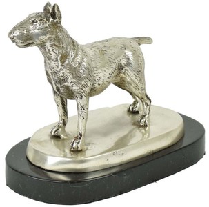 Casa Padrino Luxus Deko Bronzefigur Bullterrier Hund Silber / Schwarz 19 x 10 x H. 15 cm - Bronze Skulptur mit Marmorsockel - Dekofigur - Deko Accessoires