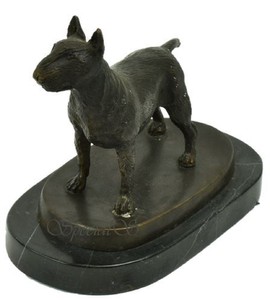 Casa Padrino Luxus Deko Bronzefigur Bullterrier Hund Bronzefarben / Schwarz 19 x 10 x H. 15 cm - Bronze Skulptur mit Marmorsockel - Dekofigur - Deko Accessoires