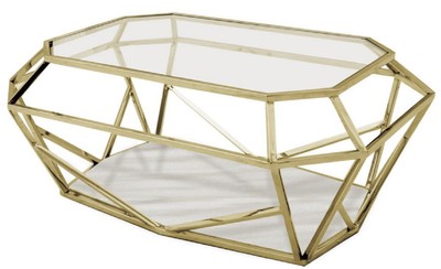Casa Padrino table basse de luxe or / blanc 100 x 70 x H. 41 cm - Table de salon moderne avec plateau en verre & marbre - Meuble de Salon