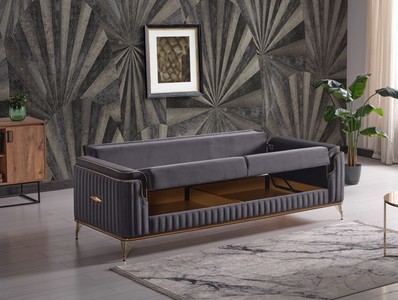 Casa Padrino Luxus Schlafsofa Dunkelgrau / Braun / Gold 228 x 94 x H. 88 cm - Wohnzimmer Sofa mit 3 Kissen - Luxus Wohnzimmer Möbel