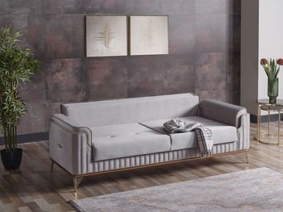 Casa Padrino Luxus Schlafsofa Hellgrau / Braun / Gold 228 x 94 x H. 88 cm - Wohnzimmer Sofa mit 3 Kissen - Luxus Wohnzimmer Möbel