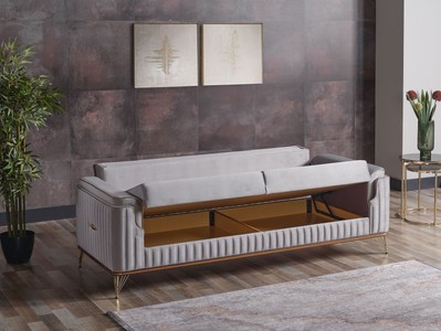 Casa Padrino Luxus Schlafsofa Hellgrau / Braun / Gold 228 x 94 x H. 88 cm - Wohnzimmer Sofa mit 3 Kissen - Luxus Wohnzimmer Möbel