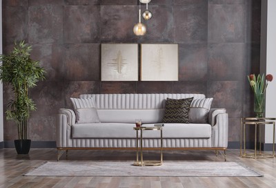 Casa Padrino Luxus Schlafsofa Hellgrau / Braun / Gold 228 x 94 x H. 88 cm - Wohnzimmer Sofa mit 3 Kissen - Luxus Wohnzimmer Möbel