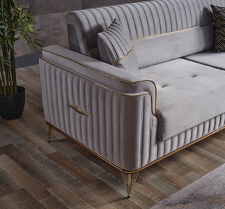 Casa Padrino Luxus Schlafsofa Hellgrau / Braun / Gold 228 x 94 x H. 88 cm - Wohnzimmer Sofa mit 3 Kissen - Luxus Wohnzimmer Möbel