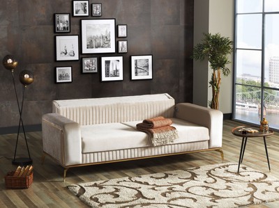 Casa Padrino Luxus Schlafsofa Creme / Braun / Gold 225 x 92 x H. 83 cm - Wohnzimmer Sofa mit 3 Kissen - Luxus Wohnzimmer Möbel