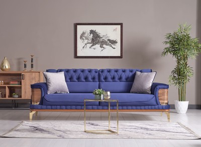 Casa Padrino Luxus Schlafsofa Blau / Braun / Gold 232 x 92 x H. 85 cm - Wohnzimmer Sofa mit 2 Kissen - Luxus Wohnzimmer Möbel