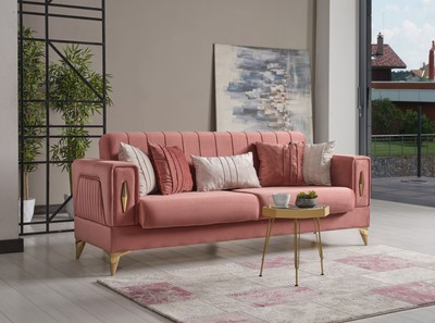 Casa Padrino Luxus Schlafsofa Rosa / Gold 222 x 93 x H. 87 cm - Wohnzimmer Sofa mit 5 Kissen - Luxus Wohnzimmer Möbel