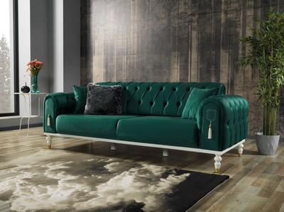 Casa Padrino Luxus Chesterfield Schlafsofa Grün / Weiß / Gold 230 x 95 x H. 83 cm - Wohnzimmer Sofa mit 3 Kissen - Luxus Wohnzimmer Möbel