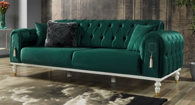 Casa Padrino canapé-lit Chesterfield de luxe vert / blanc / or 230 x 95 x H. 83 cm - Canapé de salon avec 3 oreillers - Meuble de salon de luxe