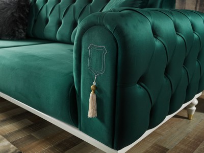 Casa Padrino Luxus Chesterfield Schlafsofa Grün / Weiß / Gold 230 x 95 x H. 83 cm - Wohnzimmer Sofa mit 3 Kissen - Luxus Wohnzimmer Möbel