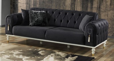 Casa Padrino canapé-lit Chesterfield de luxe gris foncé / blanc / or 230 x 95 x H. 83 cm - Canapé de salon avec 3 oreillers - Meuble de salon de luxe