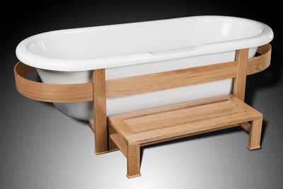 Casa Padrino bañera de lujo retro blanco / natural 178 x 76 x A. 73 cm - Bañera independiente con estructura de madera y escalón - Muebles de baño retro
