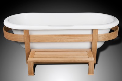 Casa Padrino Luxus Retro Badewanne Weiß / Naturfarben 178 x 76 x H. 73 cm - Freistehende Badewanne mit Holzrahmen und Stufe - Retro Badezimmer Möbel