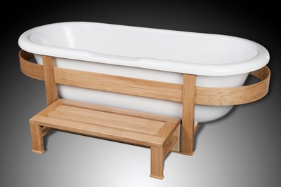 Casa Padrino Luxus Retro Badewanne Weiß / Naturfarben 178 x 76 x H. 73 cm - Freistehende Badewanne mit Holzrahmen und Stufe - Retro Badezimmer Möbel