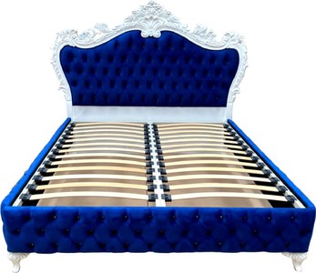 Casa Padrino luxury baroque double bed royal blue / white - Magnificent solid wood bed with rhinestones - Baroque bedroom furniture
