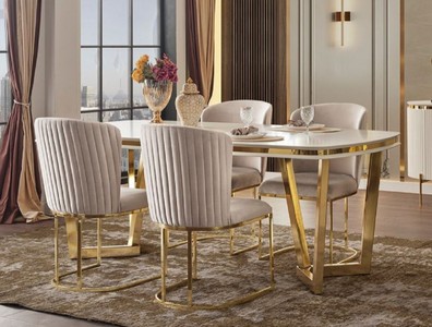 Casa Padrino set da pranzo di lusso bianco / grigio / oro - 1 Tavolo da Pranzo e 4 Sedie da Pranzo - Mobili moderni per sala da pranzo