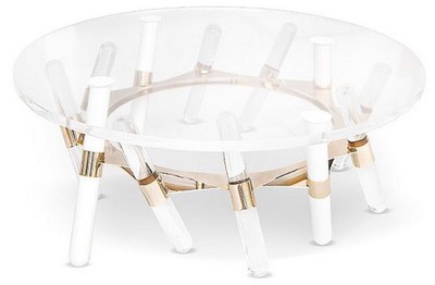 Casa Padrino Luxus Gartentisch Gold Ø 85 x H. 38,5 cm - Runder Wetterbeständiger Acryl Couchtisch - Garten Möbel - Hotel Möbel - Luxus Qualität