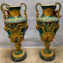 Casa Padrino luxury baroque vases set multicolored / gold / black 81 x 41 x H. 43 cm - Magnificent bronze vases with marble base - Baroque decoration accessories