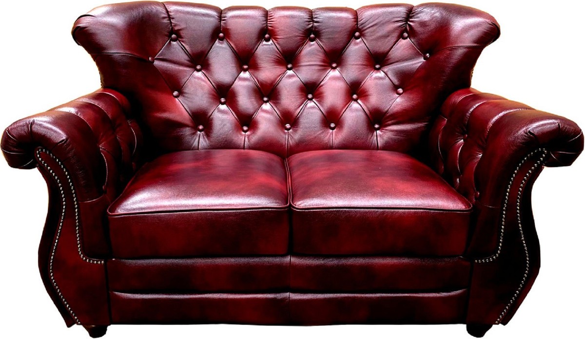 Casa Padrino conjunto de salón de cuero real Chesterfield de lujo rojo burdeos / marrón / plata - 2 Sofás de Cuero y 2 Sillones de Cuero - Muebles Chesterfield - Muebles de Sala Casa Padrino conjunto de salón de cuero real Chesterfield de lujo rojo burdeos / marrón / plata - 2 Sofás de Cuero y 2 Sillones de Cuero - Muebles Chesterfield - Muebles de Sala