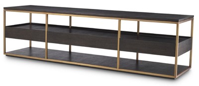 Casa Padrino armoire TV de luxe moka / laiton 220 x 55 x H. 61 cm - Buffet en bois massif avec 3 tiroirs - Meuble de salon - Meuble d'hôtel - Collection de Luxe