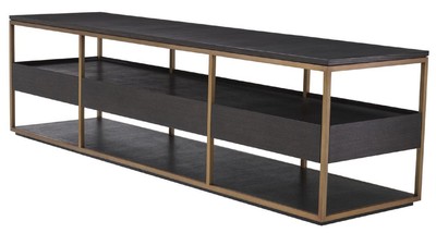 Casa Padrino Luxus TV Schrank Mokka / Messing 220 x 55 x H. 61 cm - Massivholz Sideboard mit 3 Schubladen - Wohnzimmer Möbel - Hotel Möbel - Luxus Kollektion