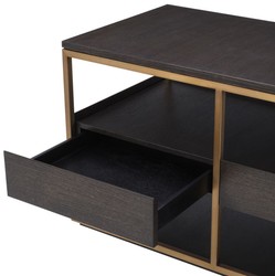 Casa Padrino luxury TV cabinet mocha / brass 180 x 55 x H. 61 cm - Solid wood sideboard with 3 drawers - Living room furniture - Hotel Furniture - Luxury Collection