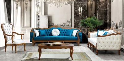 Casa Padrino conjunto de sala de estar barroco de lujo azul / blanco / marrón - 2 Sofás y 2 Sillones y 1 Mesa de Centro - Muebles de salón en estilo barroco - Noble y Magnífica