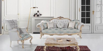 Casa Padrino ensemble de salon baroque de luxe gris / turquoise / blanc / or - 2 Canapés avec Motif & 2 Fauteuils avec Motif & 1 Table Basse - Magnifique meubles de salon baroques

