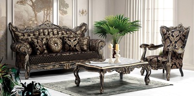 Casa Padrino conjunto de sala de estar barroco de lujo negro / oro - 2 Sofás y 2 Sillones y 1 Mesa de Centro - Muebles de salón en estilo barroco - Noble y Magnífica