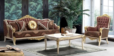 Casa Padrino ensemble de salon baroque de luxe bordeaux rouge / gris / blanc / or - 2 Canapés avec Motif & 2 Fauteuils avec Motif & 1 Table Basse - Magnifique meubles de salon baroques
