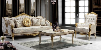 Casa Padrino set da soggiorno barocco di lusso grigio / bianco / marrone / oro - 2 Divani con Motivo e 2 Poltrone con Motivo e 1 Tavolo da Salotto - Magnifico mobili da soggiorno barocchi