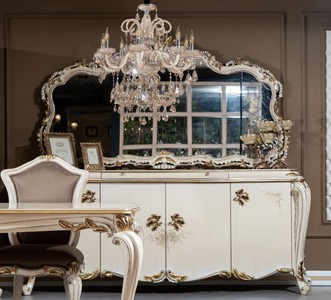 Casa Padrino set di mobili barocco di lusso crema / bianco / oro - 1 Credenza Barocco con 4 Ante e Cassetto e 1 Specchio a Parete Barocco - Mobili Barocchi